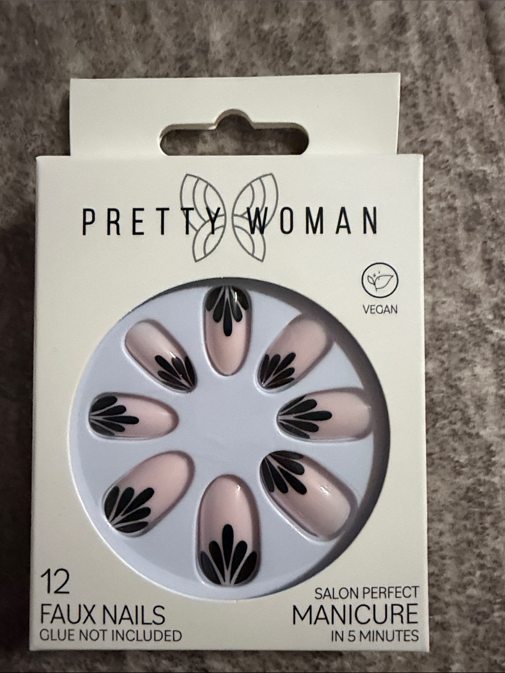 Vegan Pink Press-On Nails with Black Floral Accents